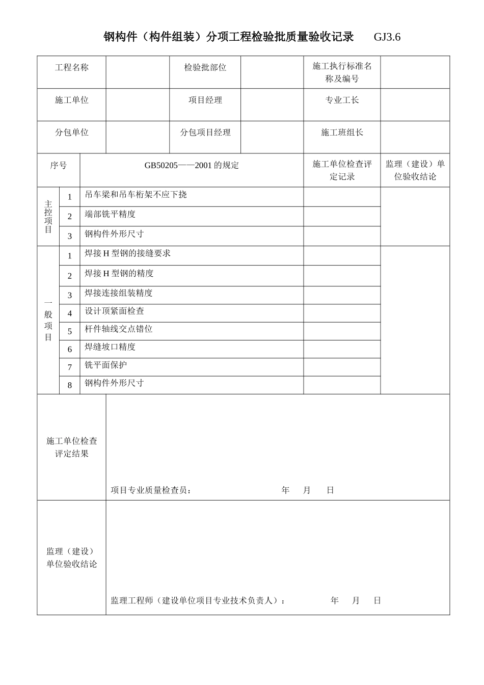 27钢构件(构件组装)分项工程检验批质量验收记录 GJ3.6.doc_第1页