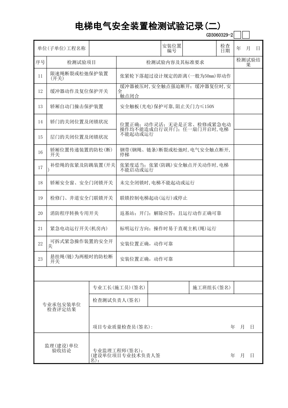 29电梯电气安全装置检测试验记录(2)GD3060329.xls_第1页