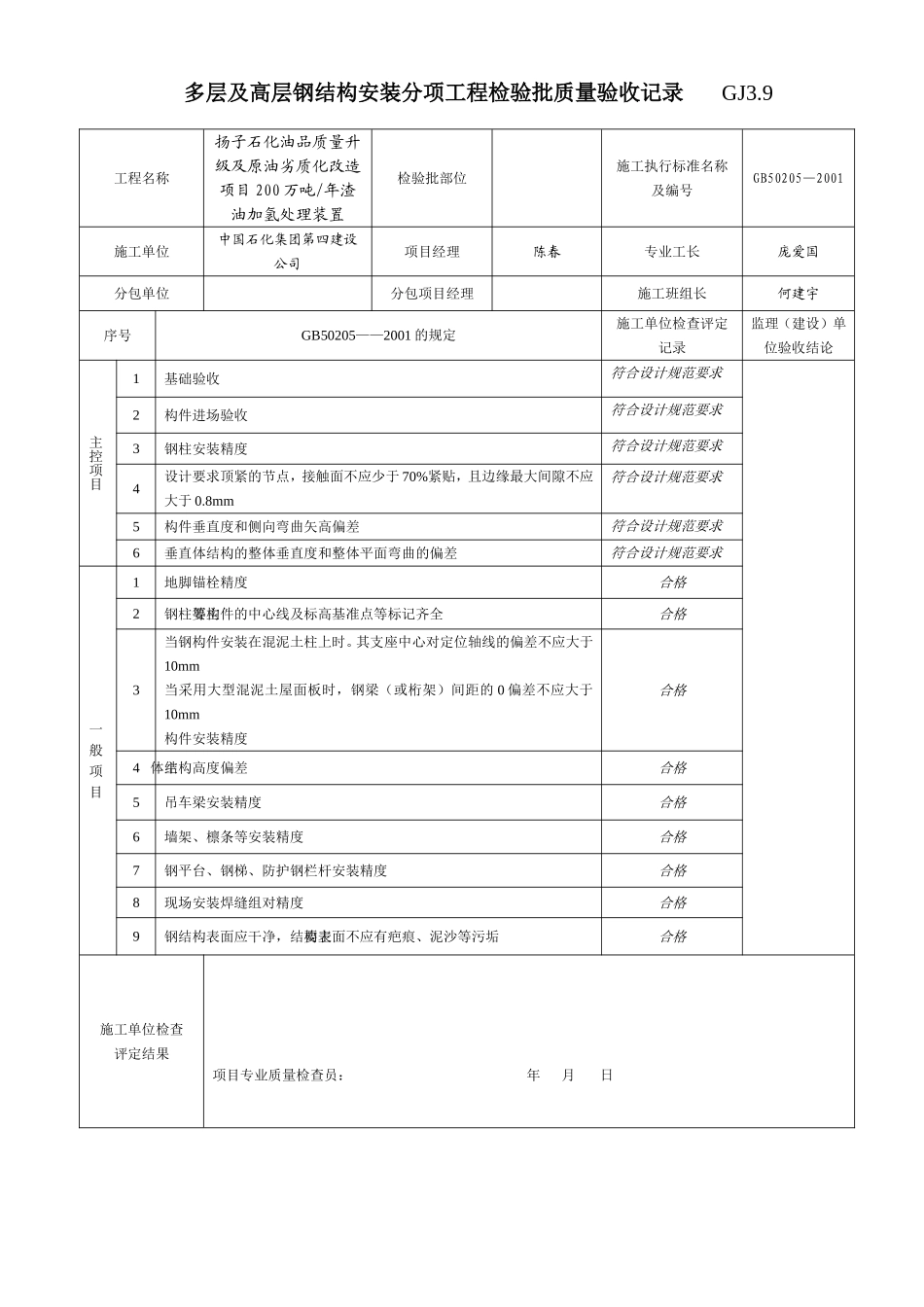 32多层及高层钢结构安装分项工程检验批质量验收记录 GJ3.9.doc_第1页