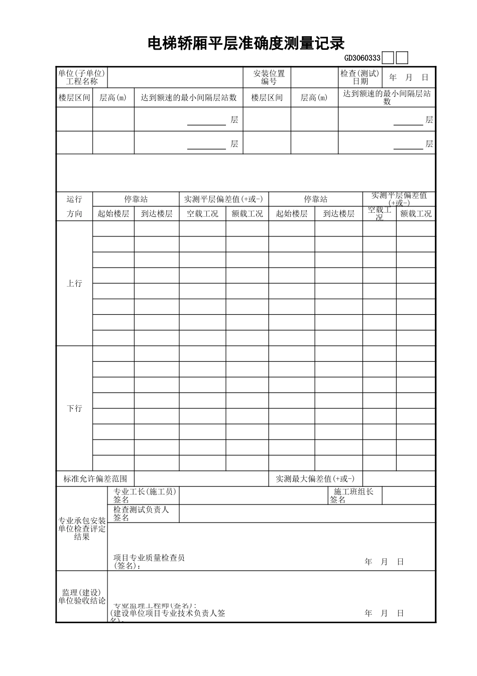 33电梯轿厢平层准确度测量记录GD3060333.xls_第1页