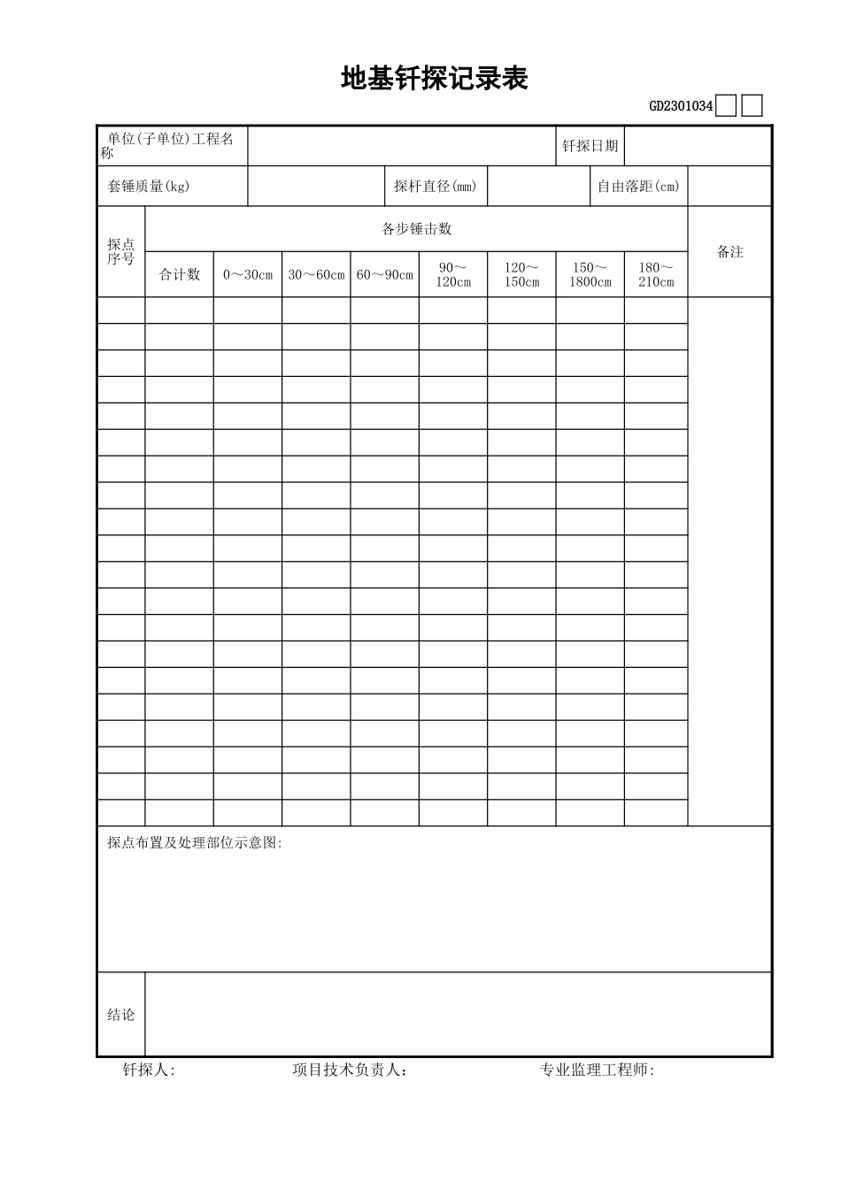 034地基钎探记录表GB2301034.xls_第1页