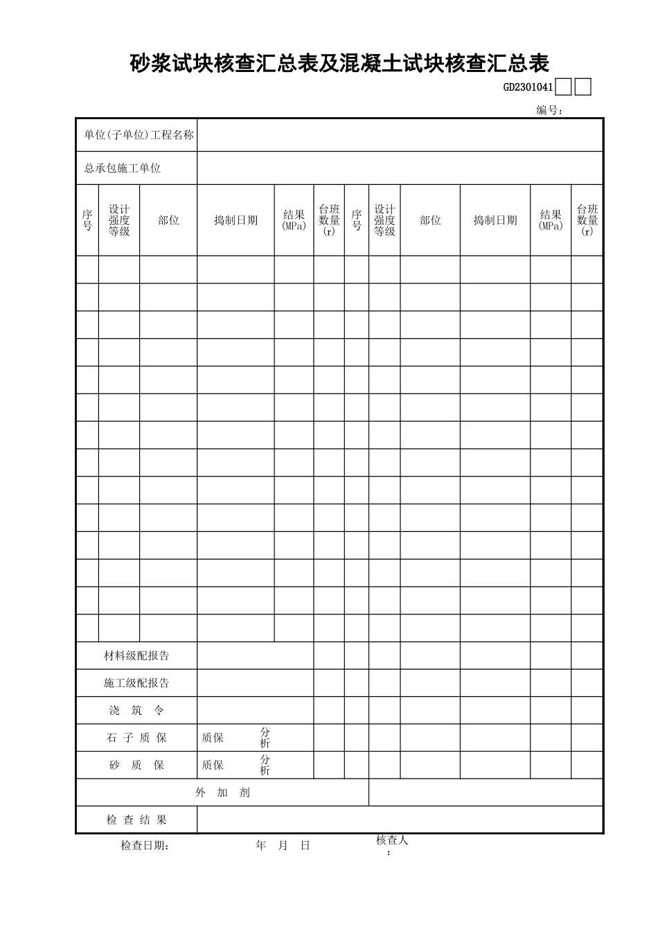041砂浆试块核查汇总表及混凝土试块核查汇总表GD2301041.xls_第1页