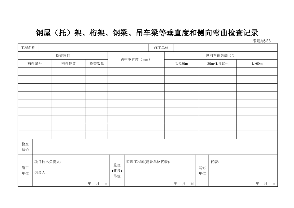 53 钢屋(托)架、桁架、钢梁、吊车梁等垂直度和侧向弯曲检查记录.doc_第1页