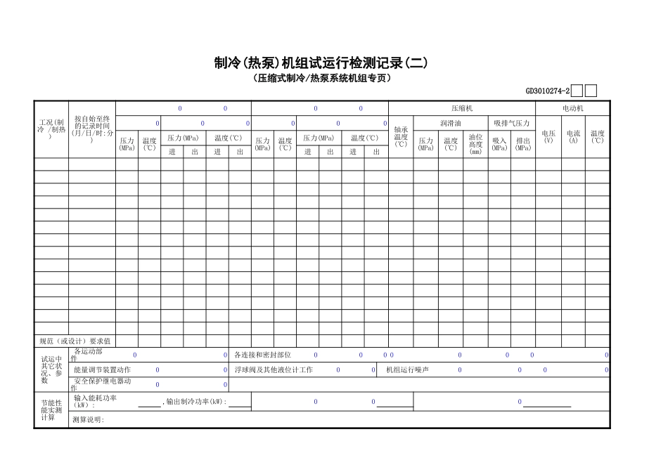 74制冷(热泵)机组试运行检测记录(2)GD3010274.xls_第1页
