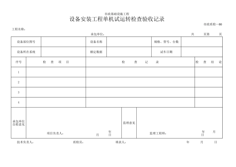 164设备安装工程单机试运转检查验收记录.xls_第1页