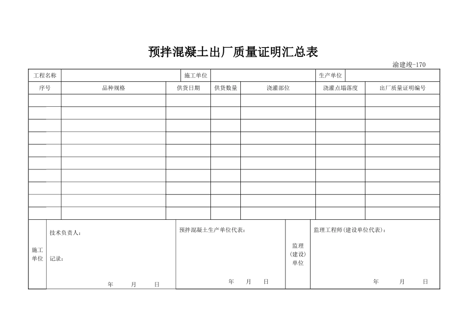 170 预拌混凝土出厂质量证明汇总表.doc_第1页