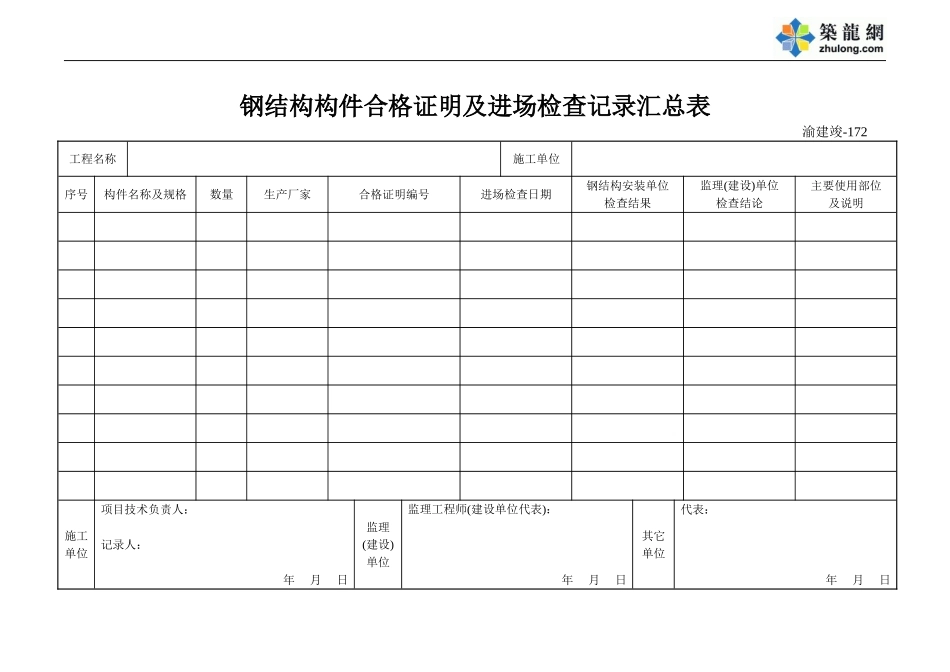 172 钢结构构件合格证明及进场检查记录汇总表.doc_第1页