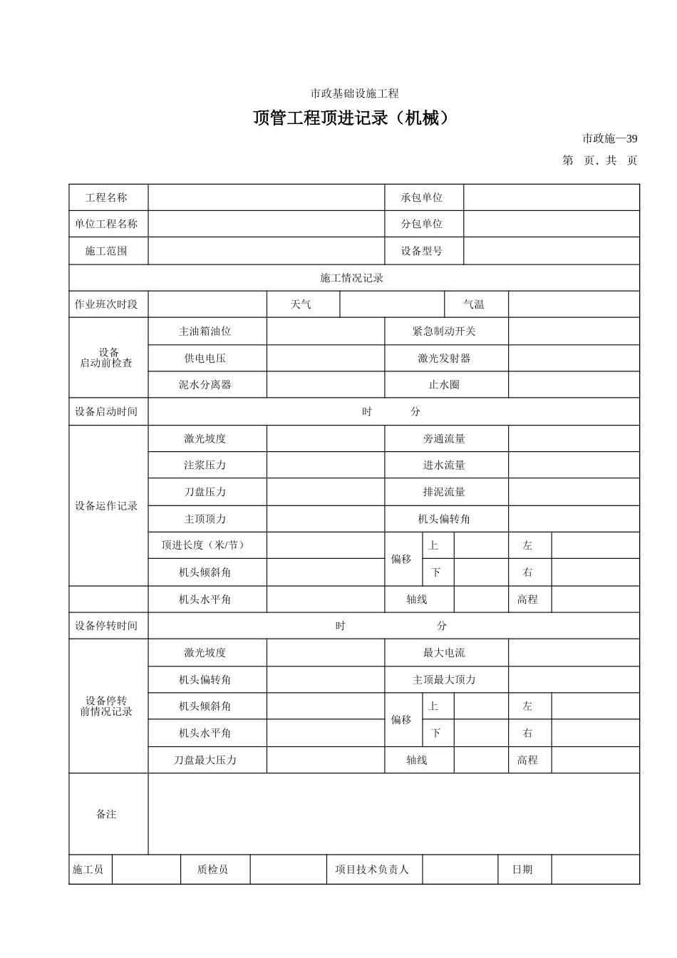 239顶管工程顶进记录(机械).xls_第1页