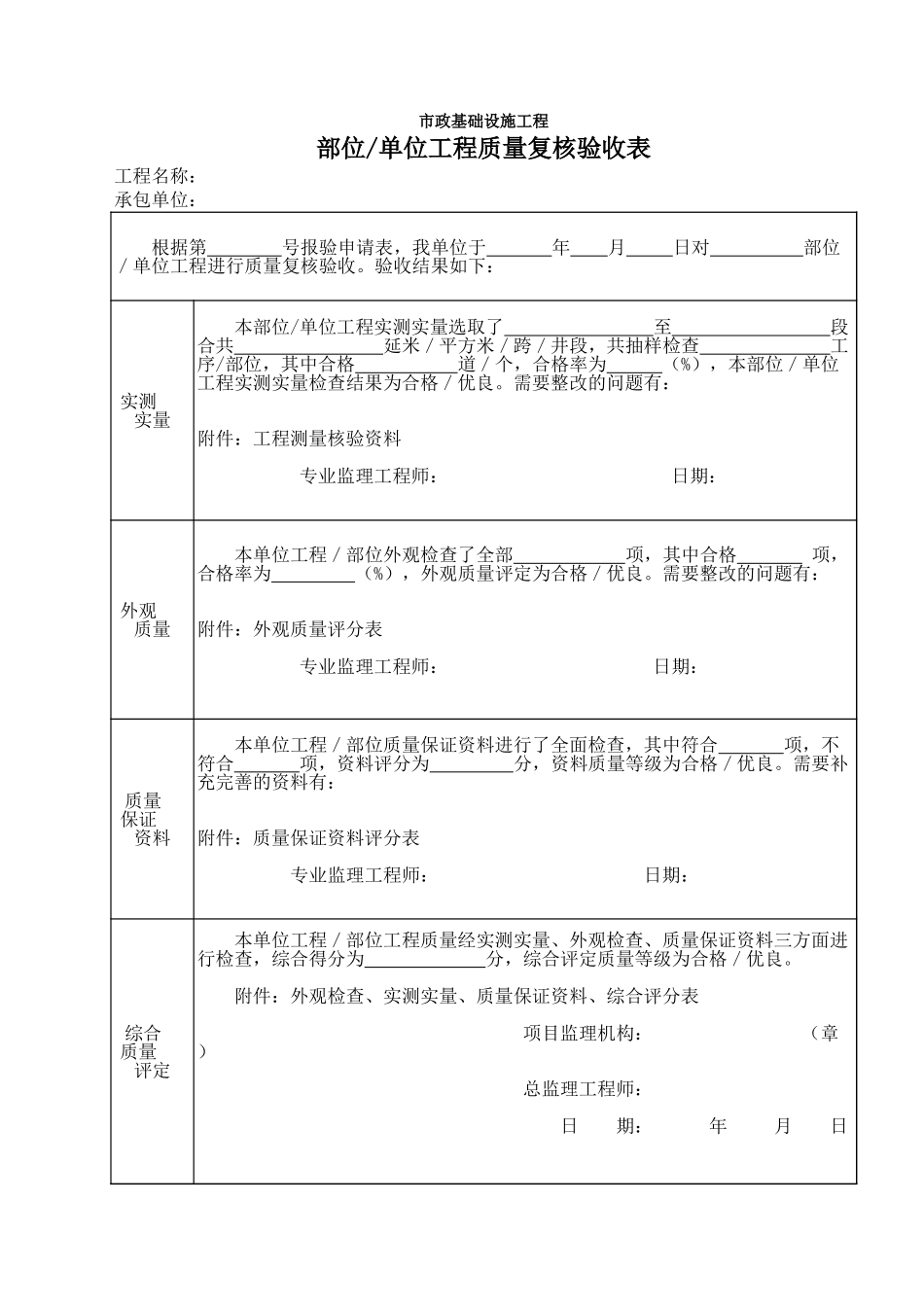 277市政监-16 部位单位工程质量复核验收表.xls_第1页