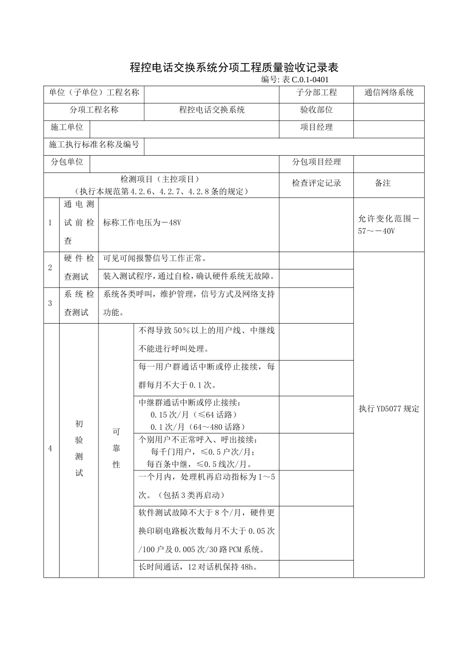0401程控电话交换系统分项工程质量验收记录表.doc_第1页