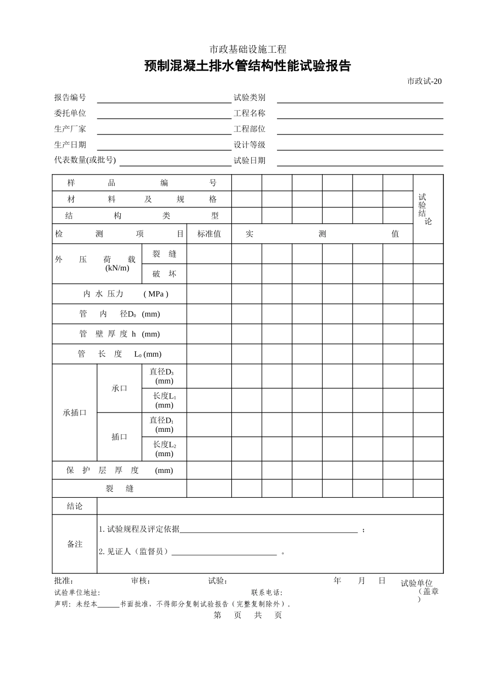 420.预制混凝土排水管结构性能排水报告.xls_第1页