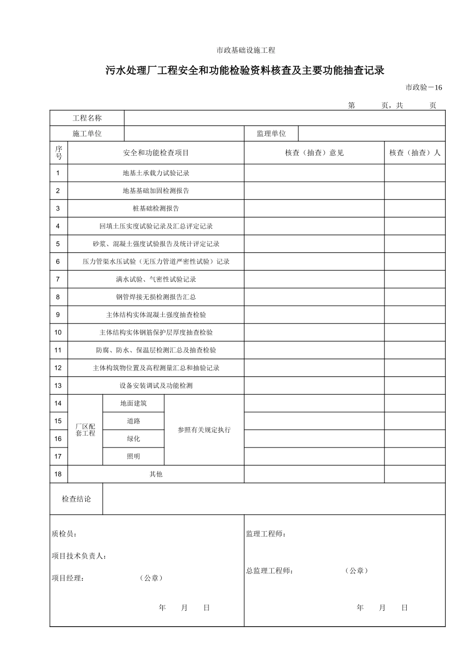 616污水处理厂工程安全和功能检验资料核查及主要功能抽查记录.xls_第1页