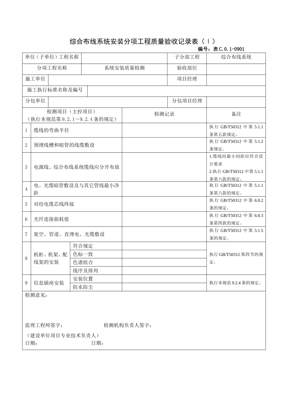 0901综合布线系统安装分项工程质量验收记录表（Ⅰ）.doc_第1页