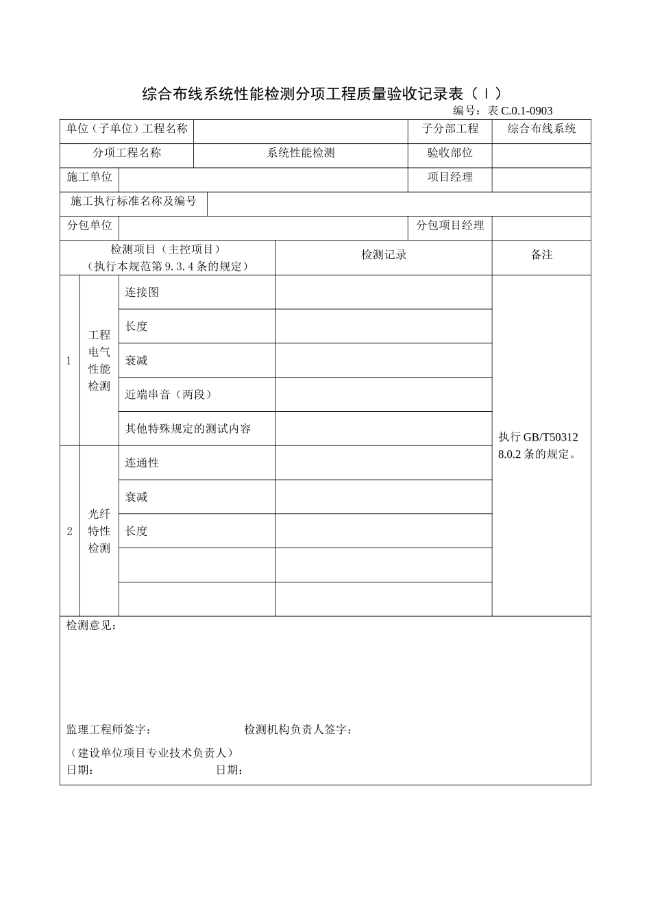 0903综合布线系统性能检测分项工程质量验收记录表(Ⅰ).doc_第1页