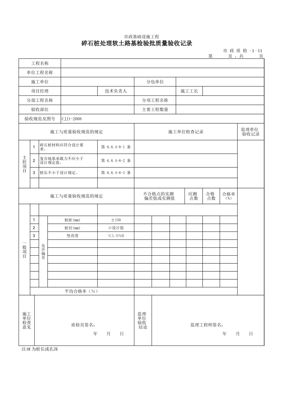 3111碎石桩处理软土路基检验批质量验收记录.xls_第1页