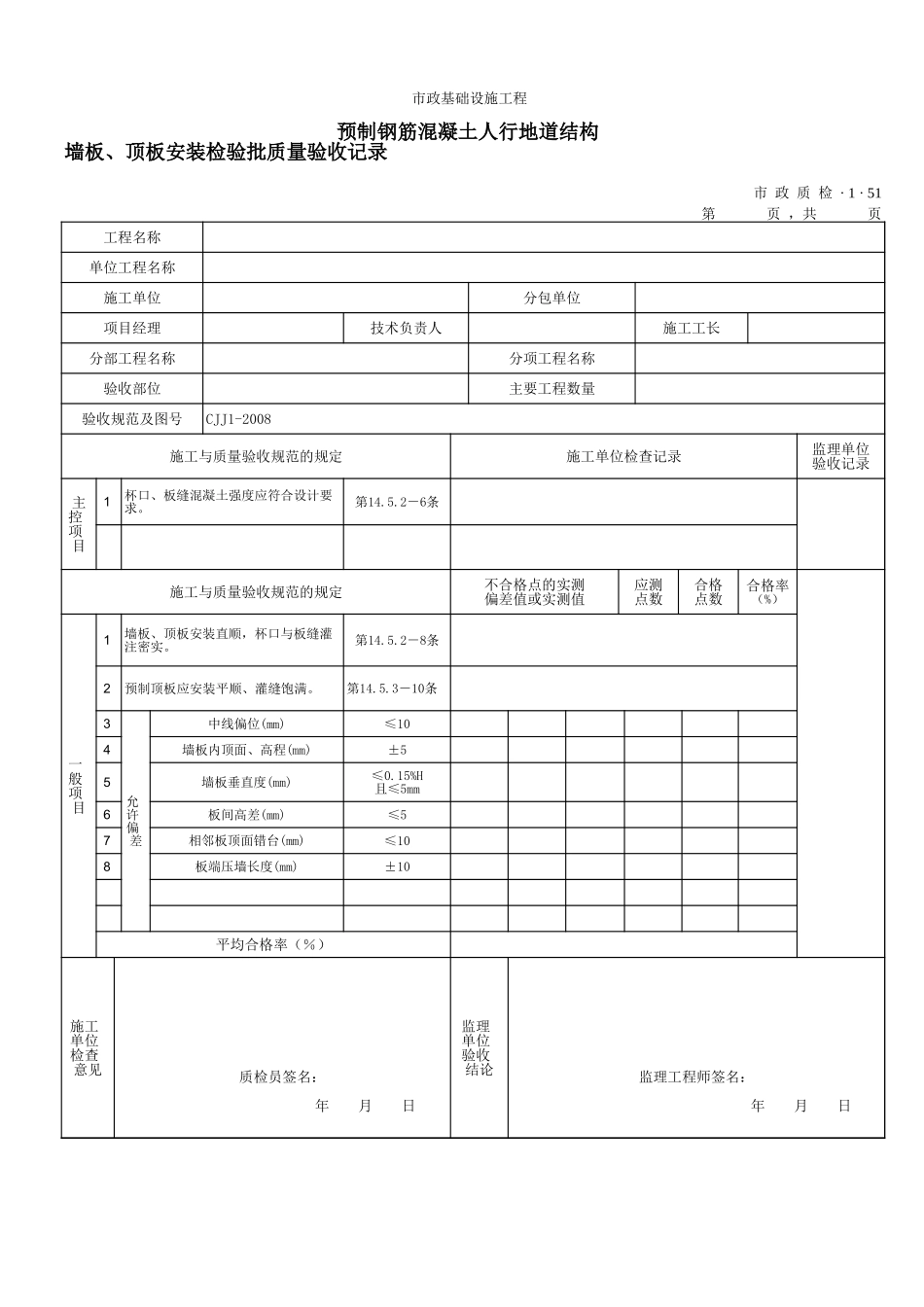 3151预制钢筋混凝土人行地道结构墙板、顶板安装检验批质量验收记录.xls_第1页