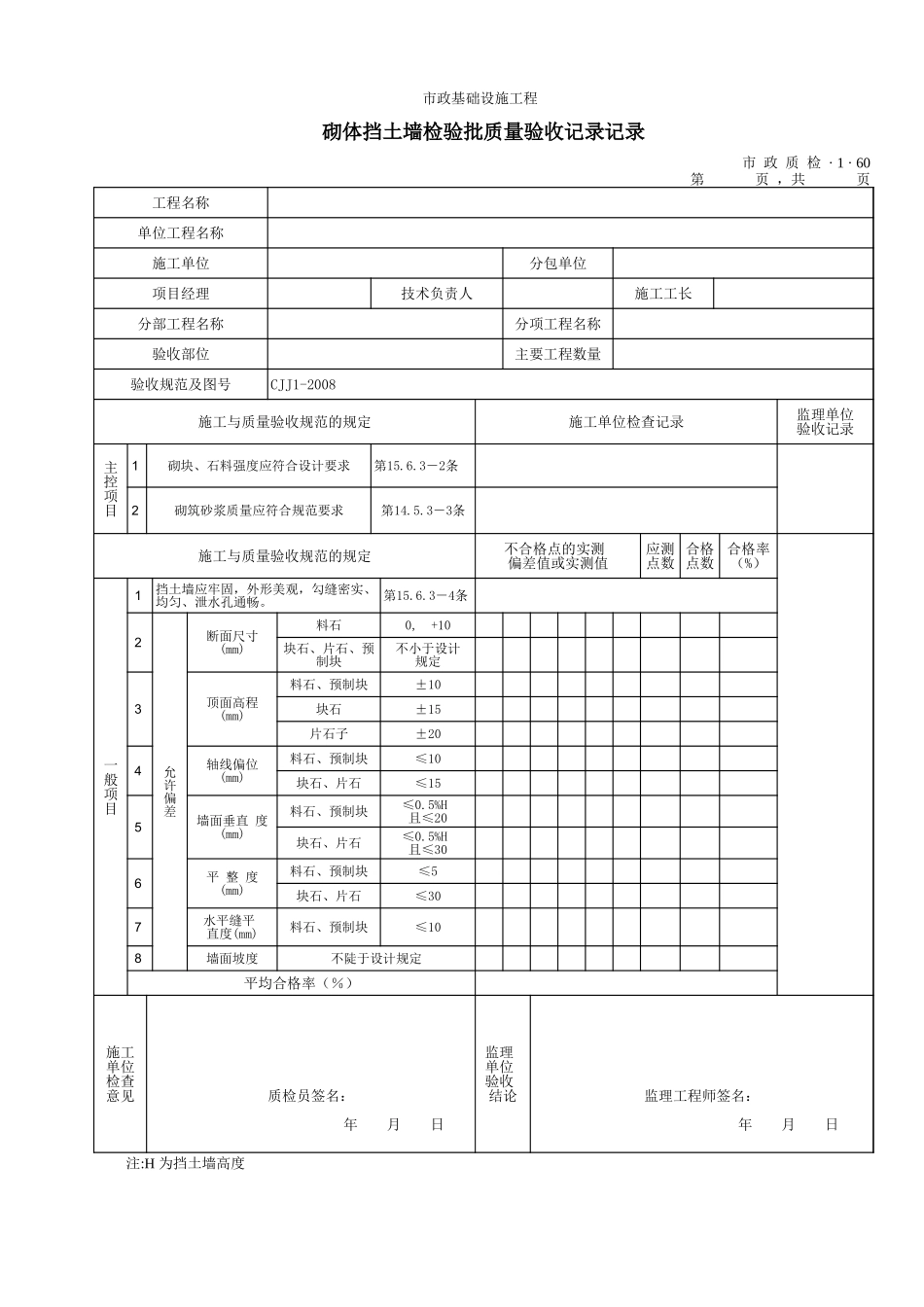 3160砌体挡土墙检验批质量验收记录记录.xls_第1页