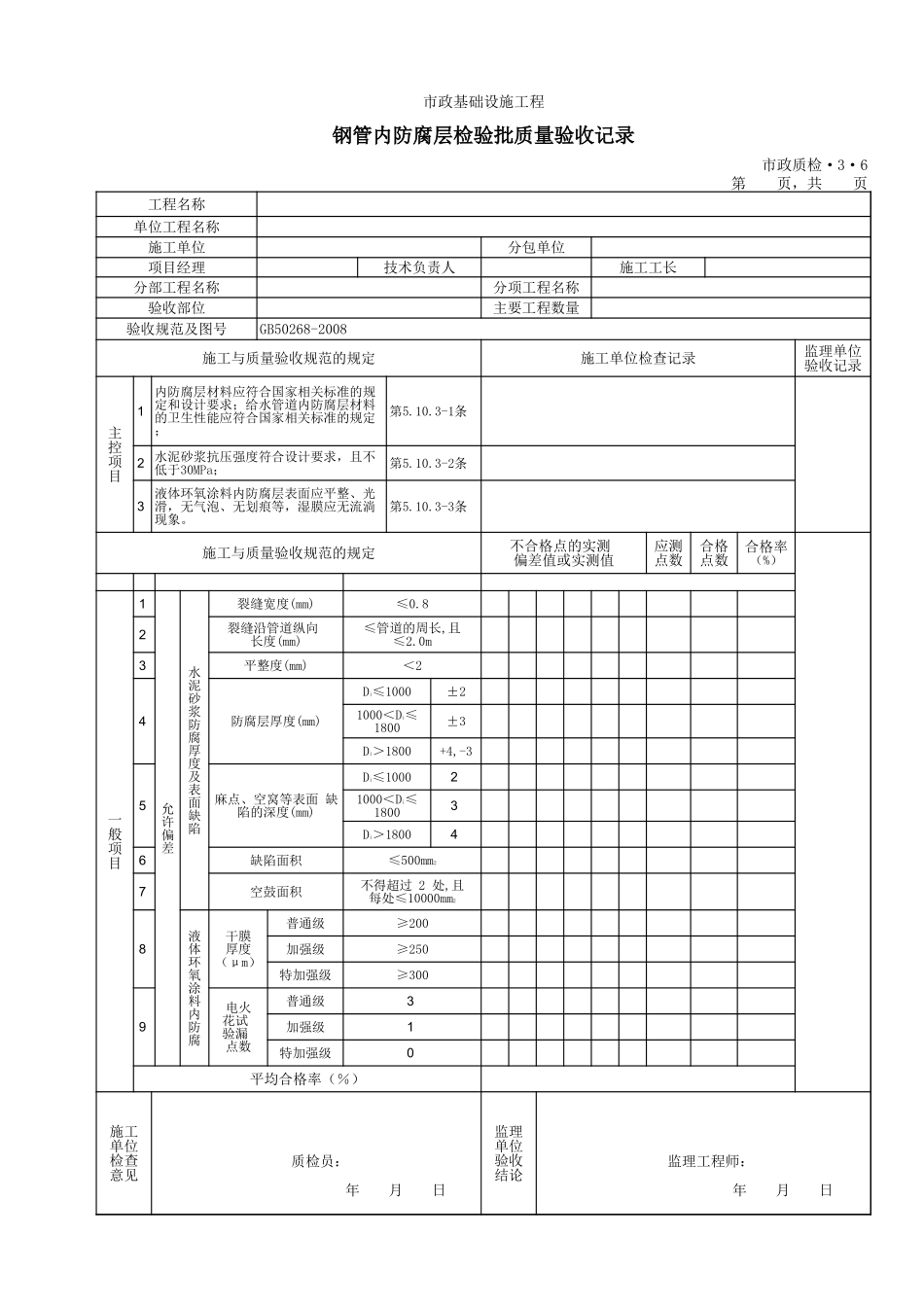 3306钢管内防腐层检验批质量验收记录.xls_第1页