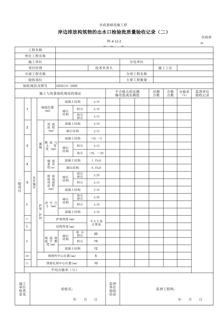 3412B岸边排放构筑物的出水口检验批质量验收记录（二）.xls_第1页