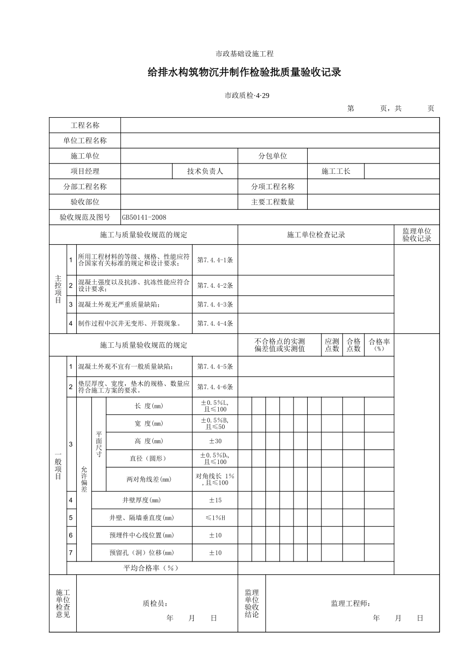 3429给排水构筑物沉井制作检验批质量验收记录.xls_第1页