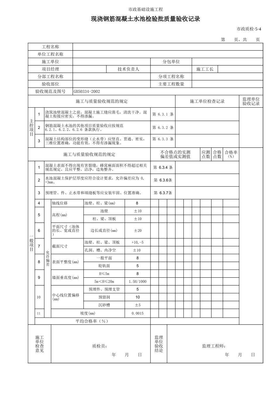 3504现浇钢筋混凝土水池检验批质量验收记录.xls_第1页
