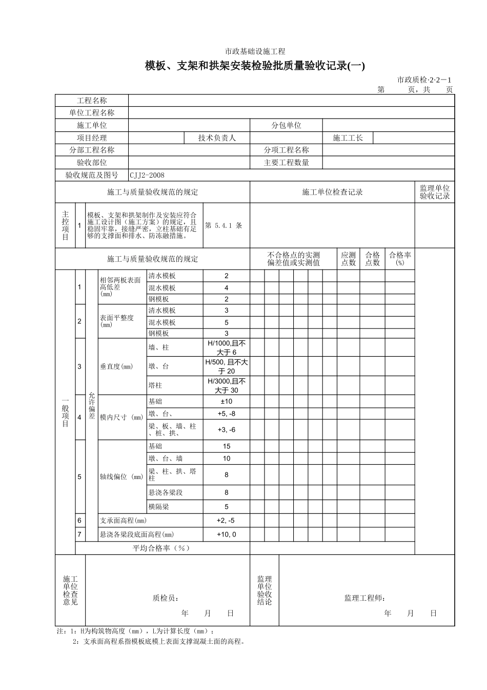 32002A模板、支架和拱架安装检验批质量验收记录(一).xls_第1页