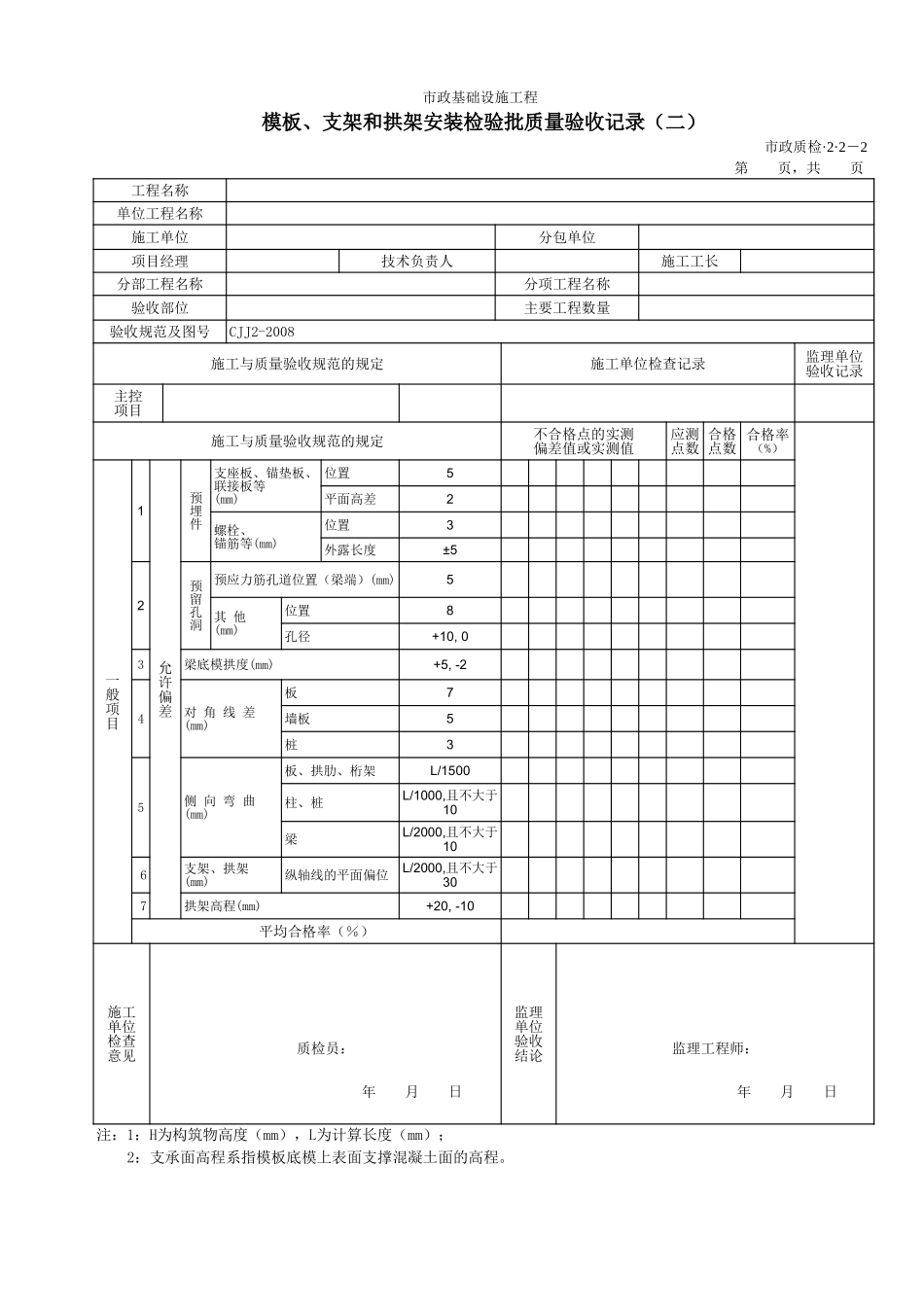 32002B模板、支架和拱架安装检验批质量验收记录(二).xls_第1页