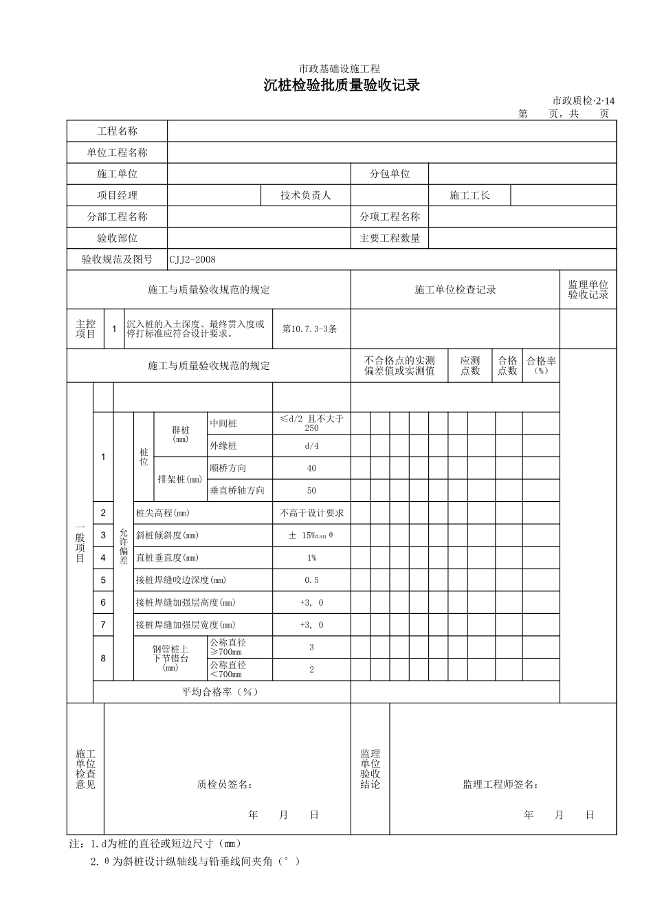 32014沉桩检验批质量验收记录.xls_第1页