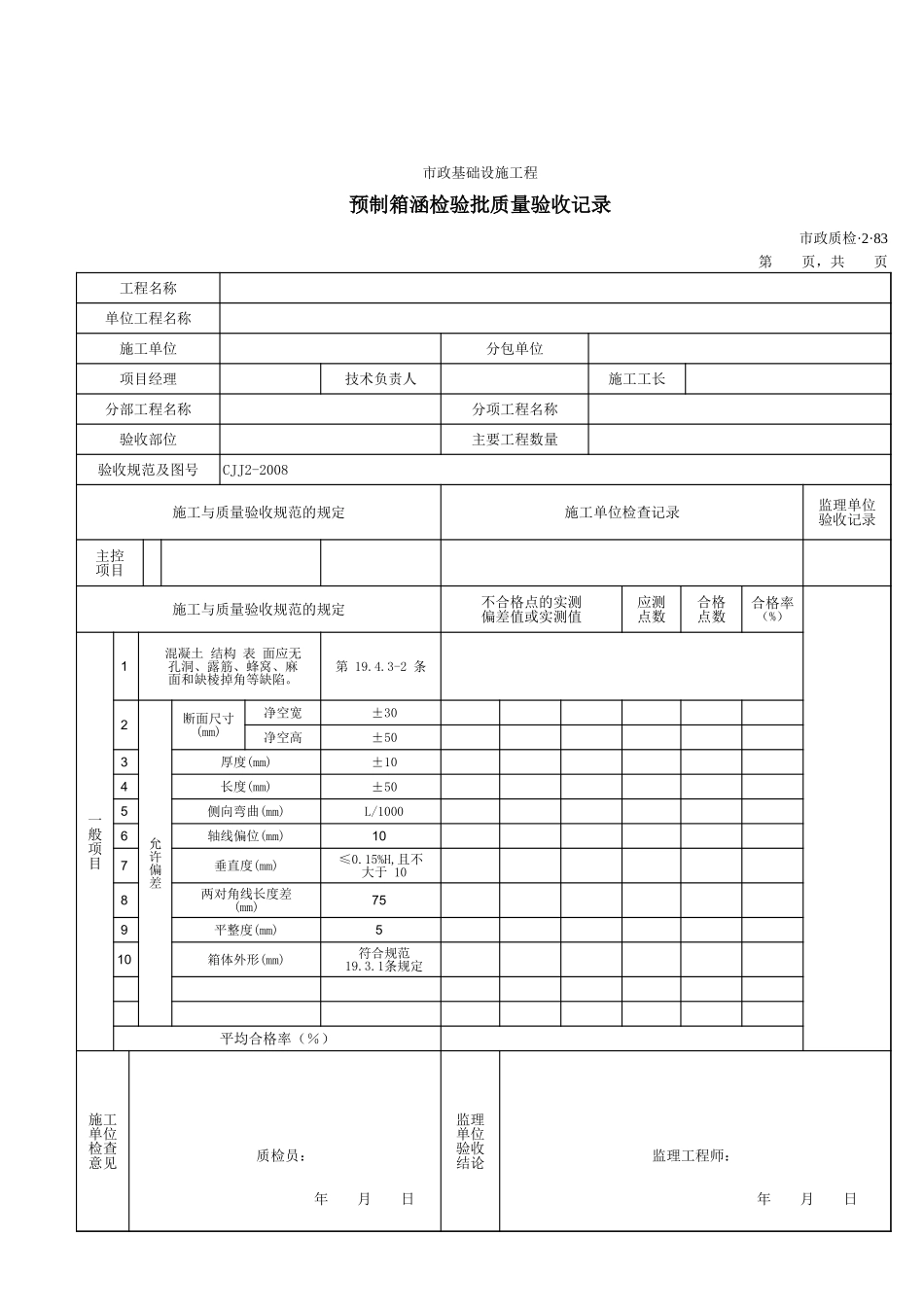 32083预制箱涵检验批质量验收记录.xls_第1页