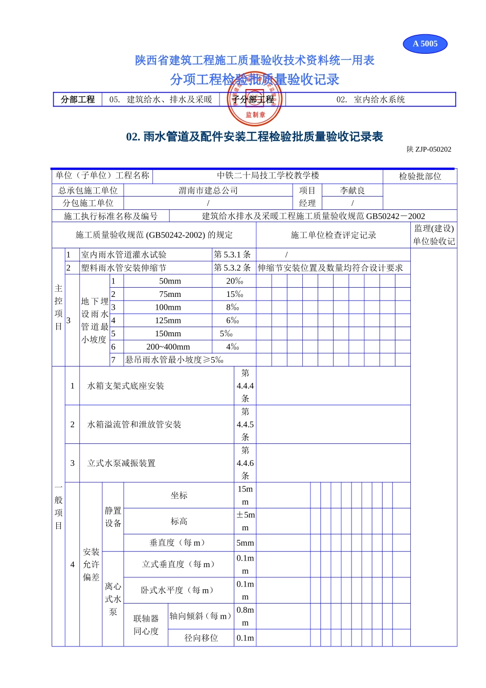 A 5003给水设备安装工程检验批质量验收记录表.doc_第1页