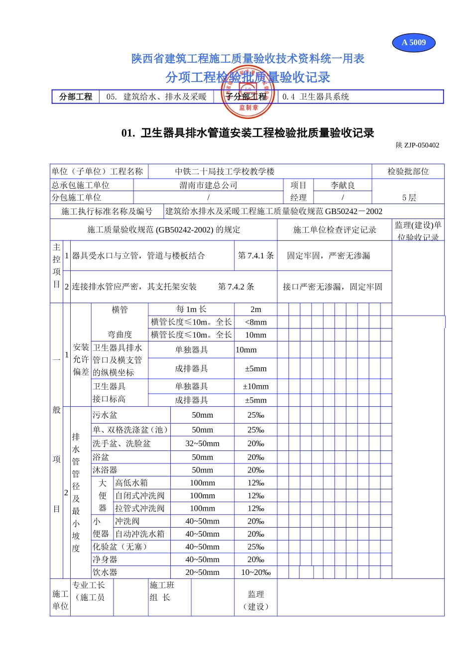 A 5009卫生器具排水管道安装工程检验批质量验收记录.doc_第1页