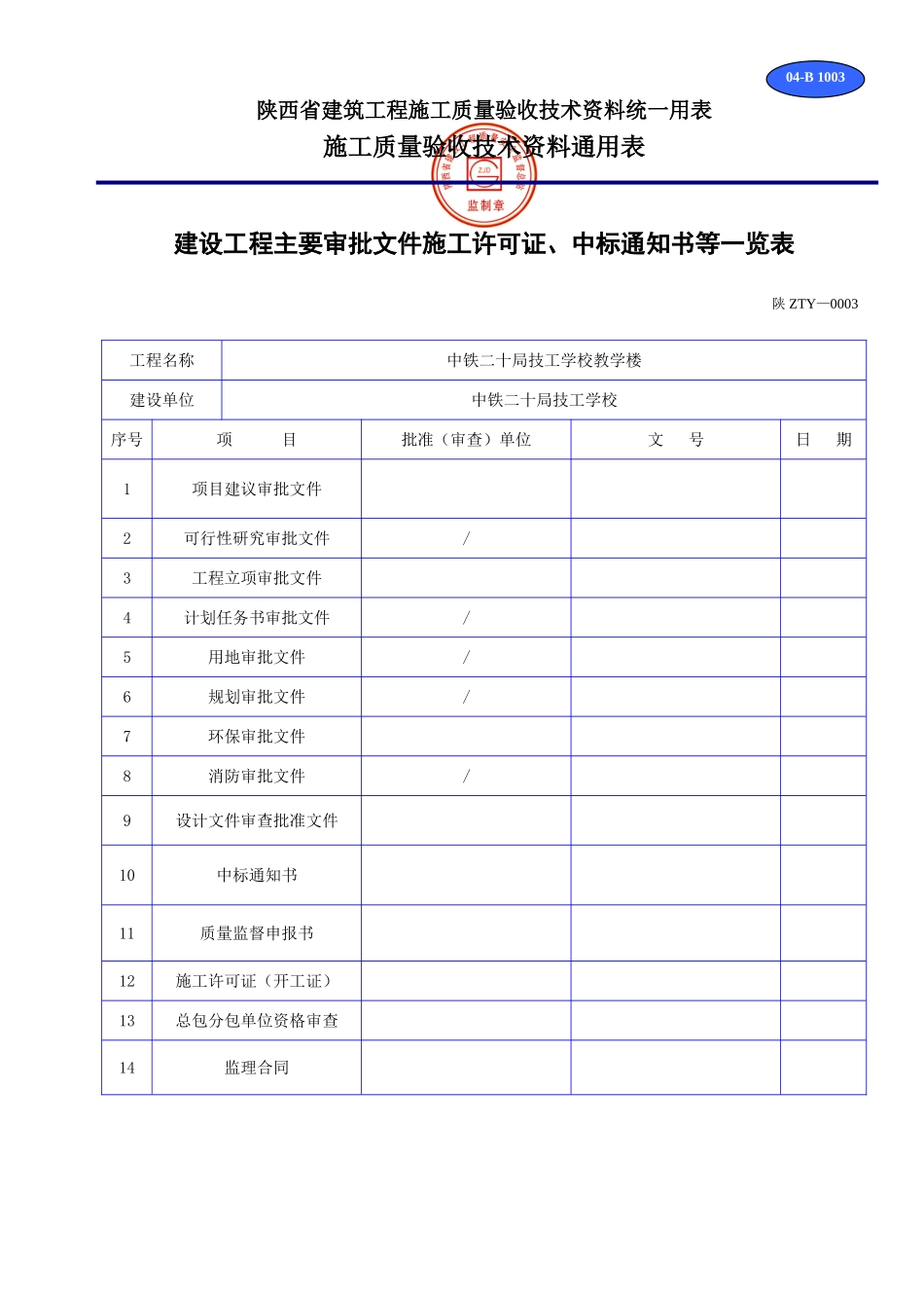B 1003建设工程主要审批文件施工许可证、中标通知书等一览表.doc_第1页
