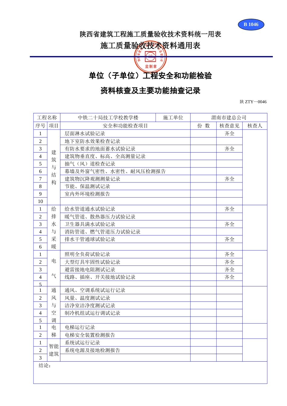 B 1046单位（子单位）工程安全和功能检验资料核查及主要功能抽查记录.doc_第1页