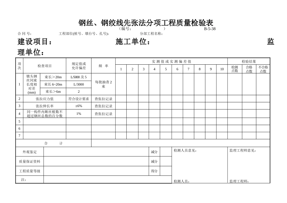B-5-38 钢丝、钢绞线先张法分项工程质量检验表.doc_第1页