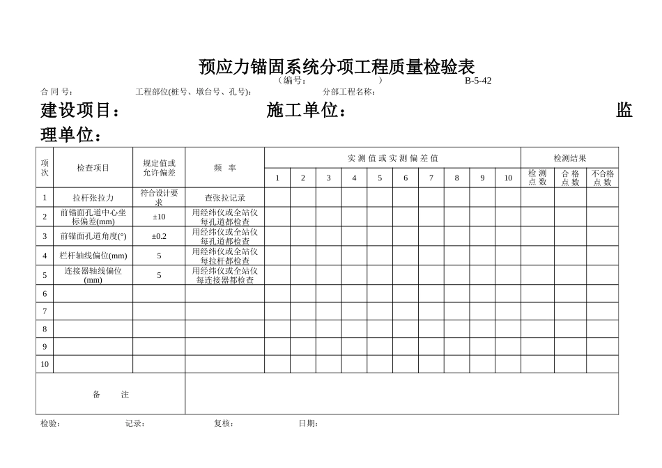 B-5-42 预应力锚固系统分项工程质量检验表.doc_第1页