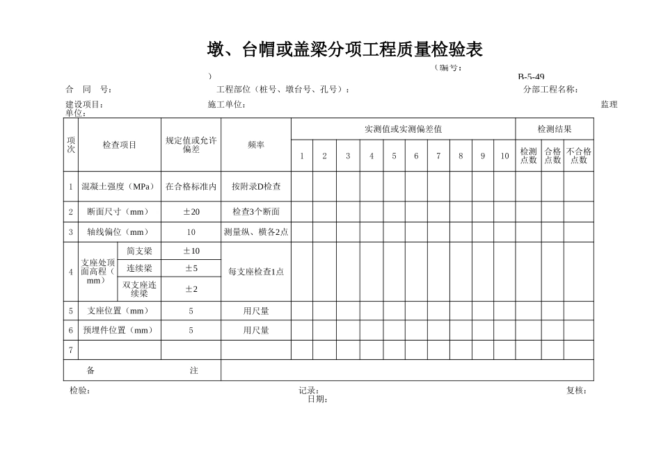 B-5-49 墩、台帽或盖梁分项工程质量检验表.xls_第1页
