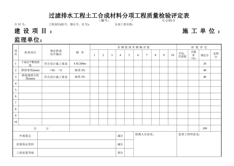 C-2.05-3 过滤排水工程土工合成材料评定表.doc_第1页
