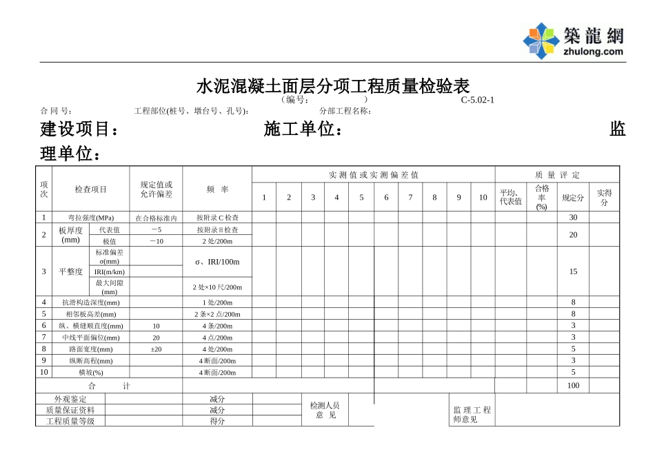 C-5.02-1 水泥混凝土面层评定表.doc_第1页
