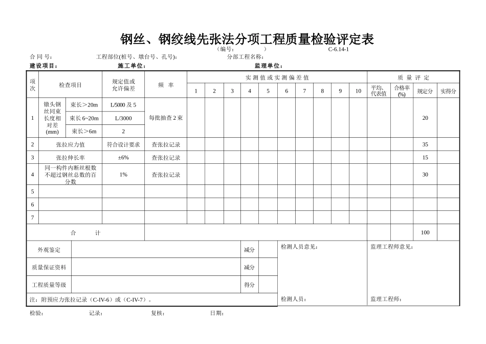 C-6.14-1 钢丝、钢绞线先张法评定表.doc_第1页