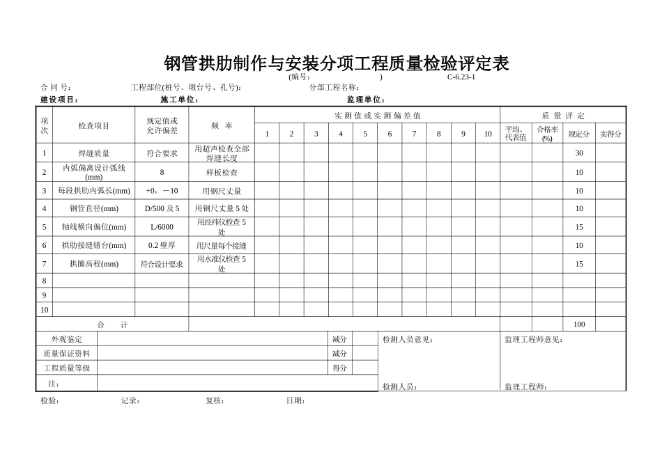 C-6.23-1 钢管拱肋制作与安装评定表.doc_第1页
