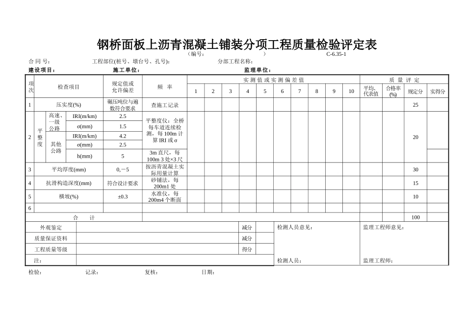 C-6.35-1 钢桥面板上沥青混凝土铺装评定表.doc_第1页