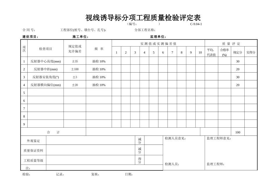 C-9.04-1视线诱导标分项工程质量检验评定表.doc_第1页