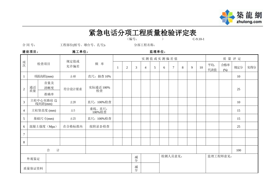 C-9.10-1紧急电话分项工程质量检验评定表.doc_第1页
