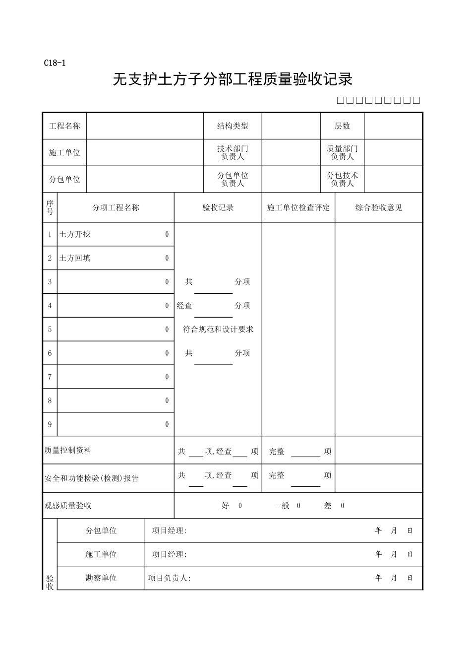 C18-1无支护土方子分部工程质量验收记录.xls_第1页