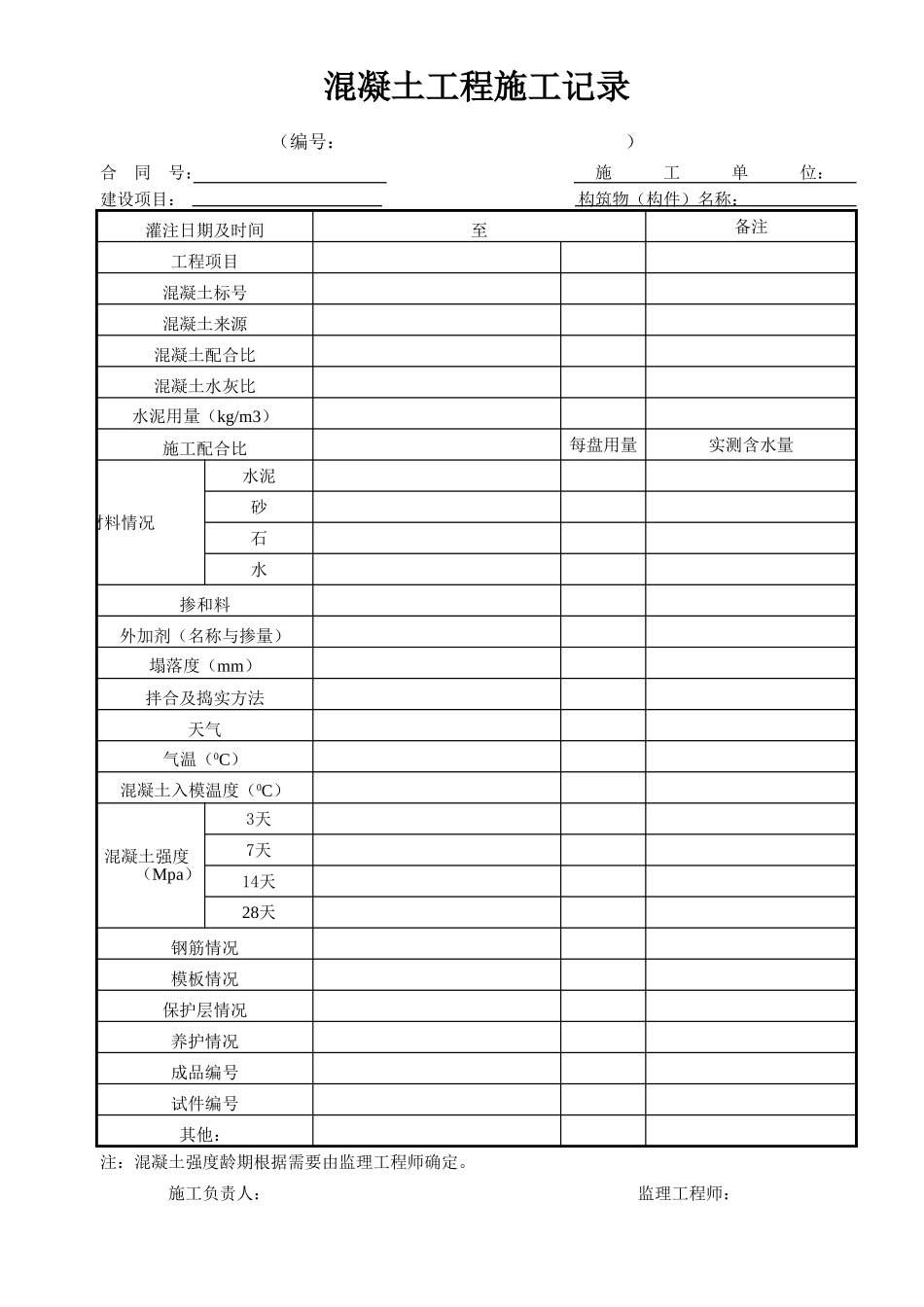 C-V-41 混凝土施工记录.xls_第1页