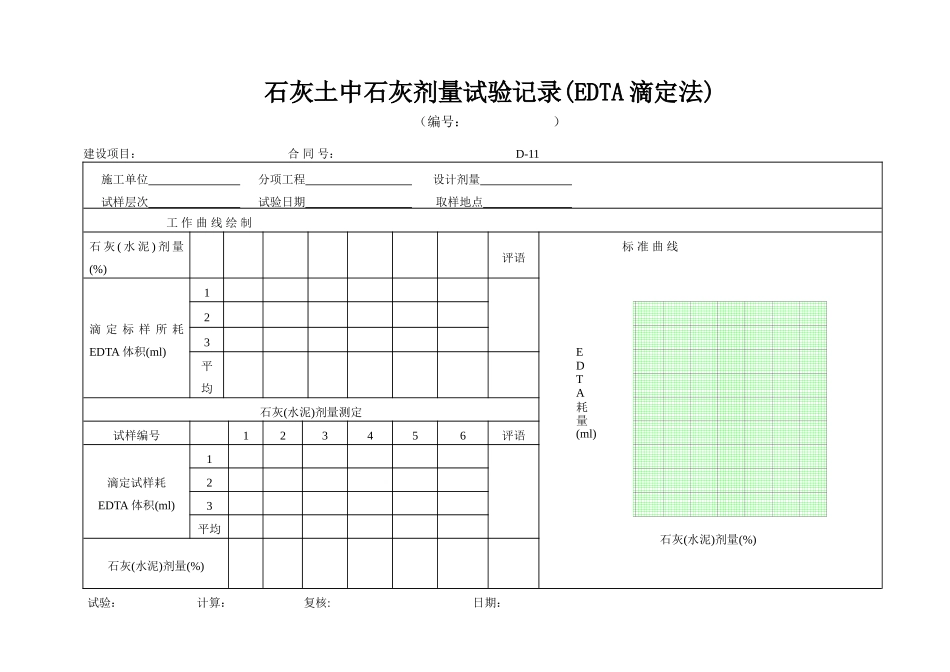 D-11 石灰(水泥)土中石灰(水泥)剂量试验记录表(EDTA滴定法).doc_第1页