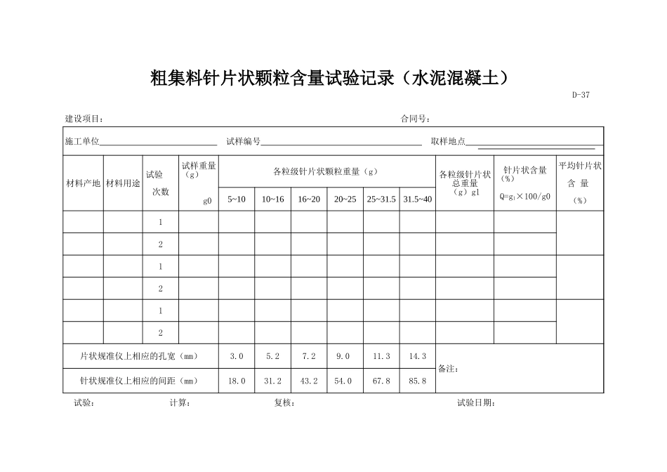 D-37 粗集料针片状颗粒含量试验记录(水泥砼).xls_第1页