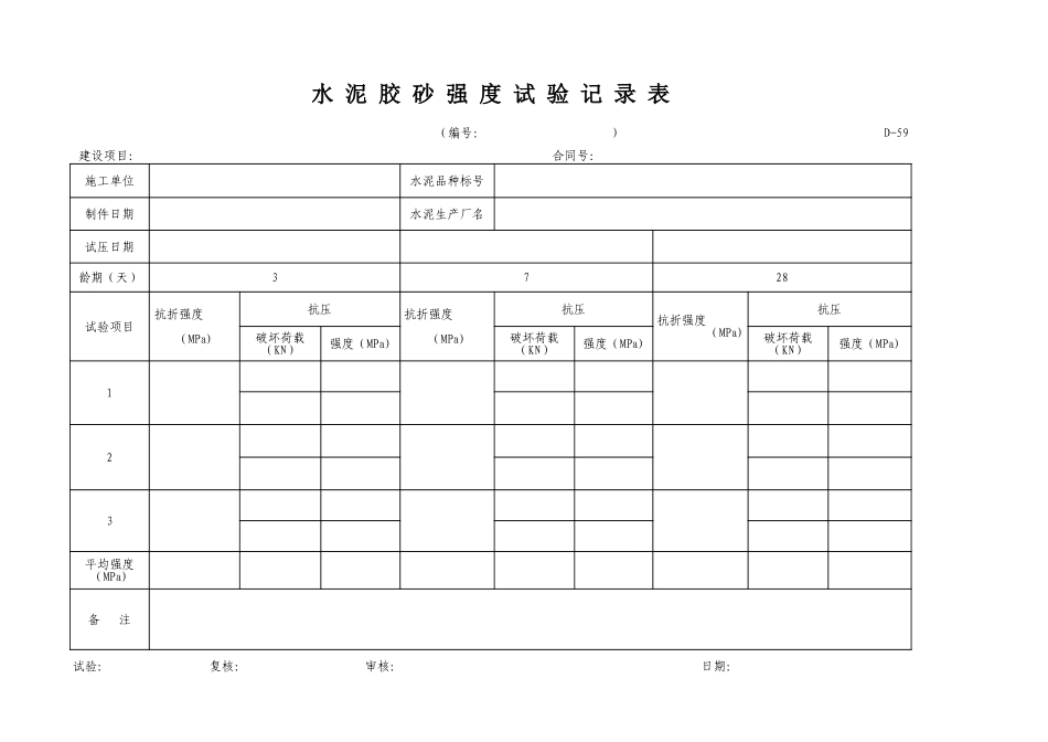 D-59 水泥胶砂强度试验记录表.xls_第1页