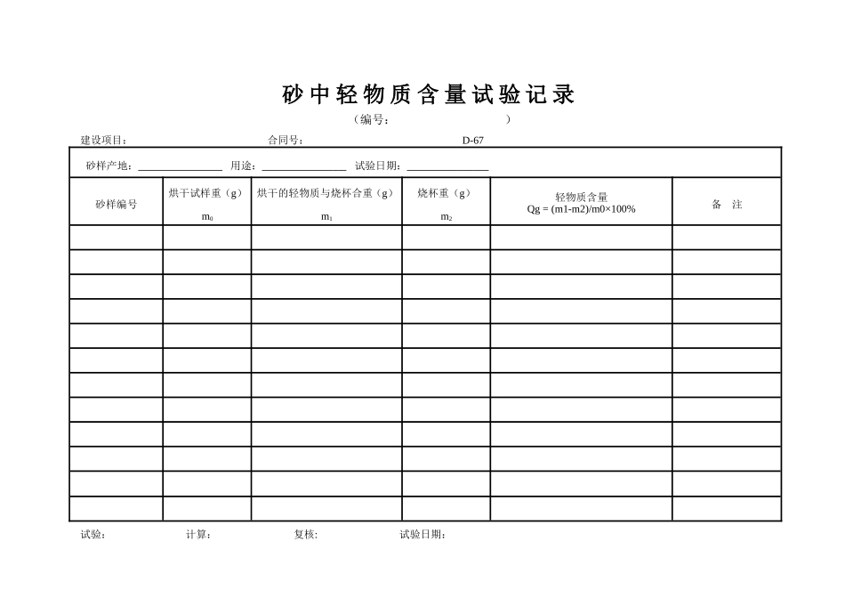 D-67 砂中轻物质含量试验记录表 xiu.doc_第1页