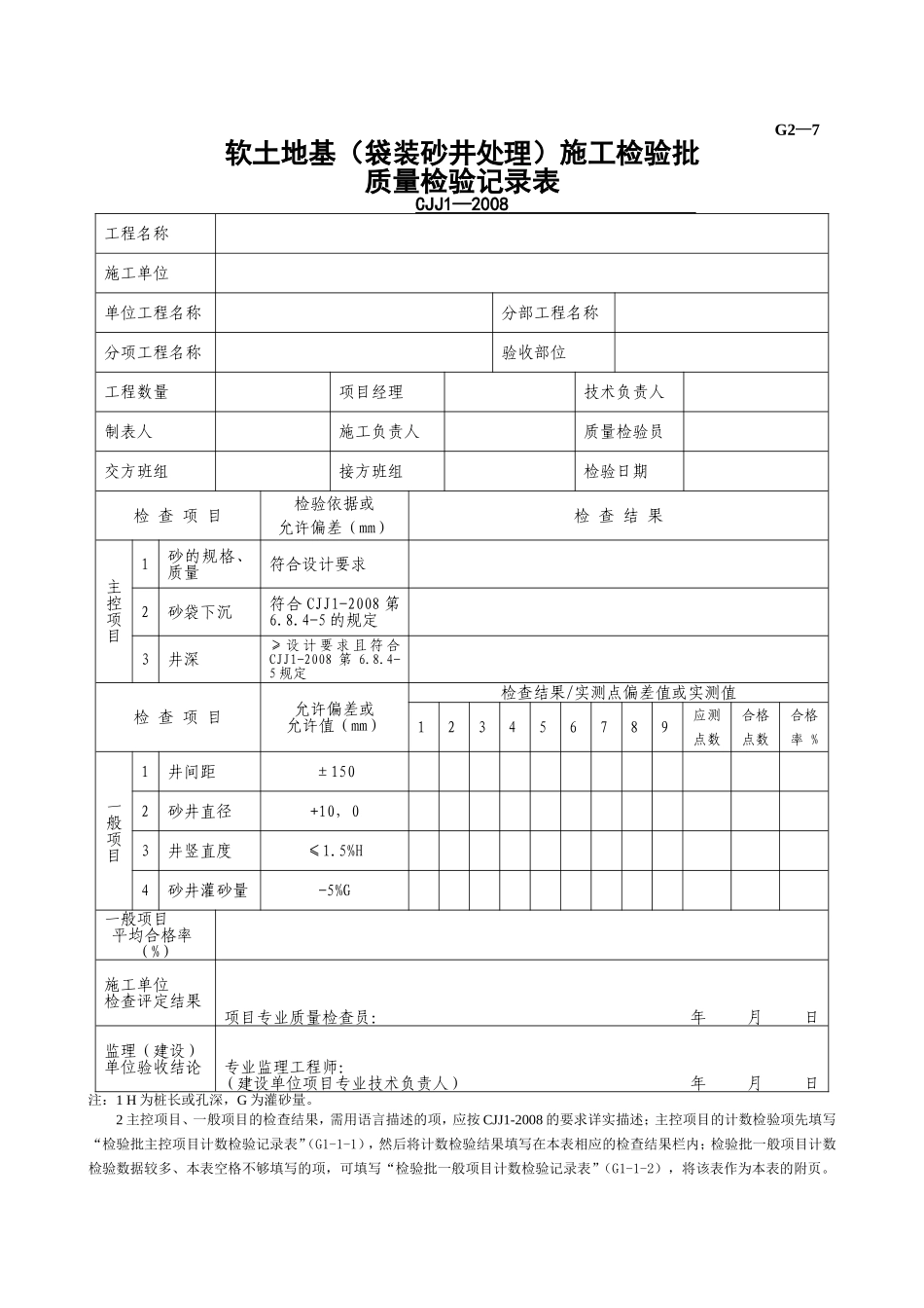 G2—7软土路基(袋装砂井处理)施工检验批质量检验记录.doc_第1页